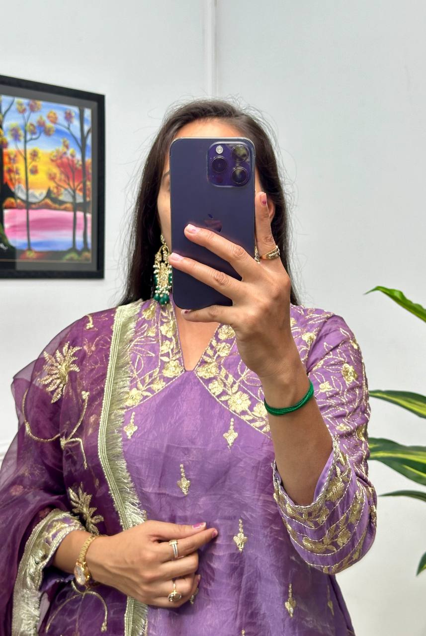 Embroidered Russian Silk Gold Crush Kurta Set with Organza Silk Dupatta & Gold Crush Silk Lehenga