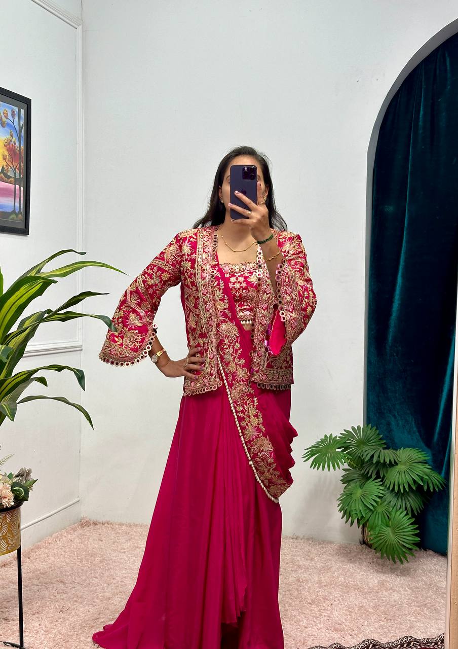 Chinon Ready-to-Wear Saree with Embroidered Lace Border, Embellished Blouse & Koti Set (Pink)