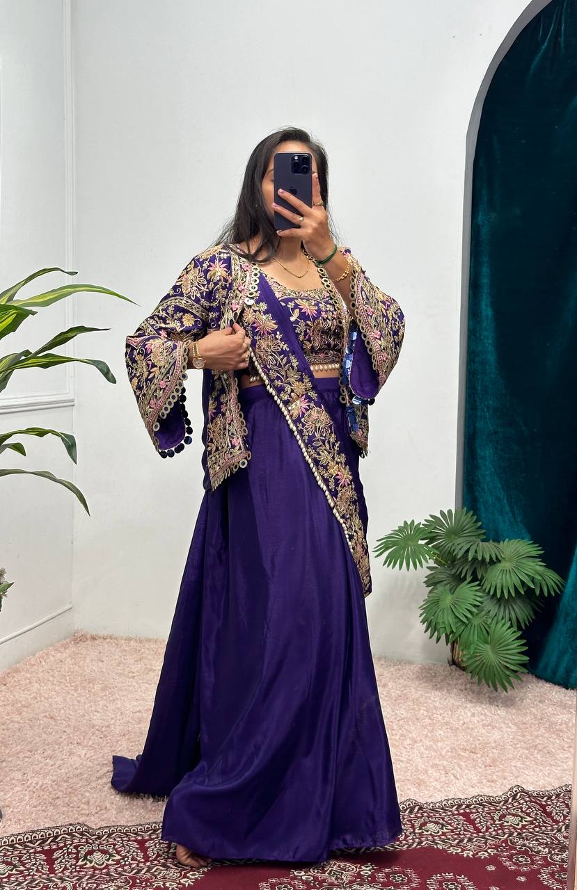 Chinon Ready-to-Wear Saree with Embroidered Lace Border, Embellished Blouse & Koti Set (Blue)
