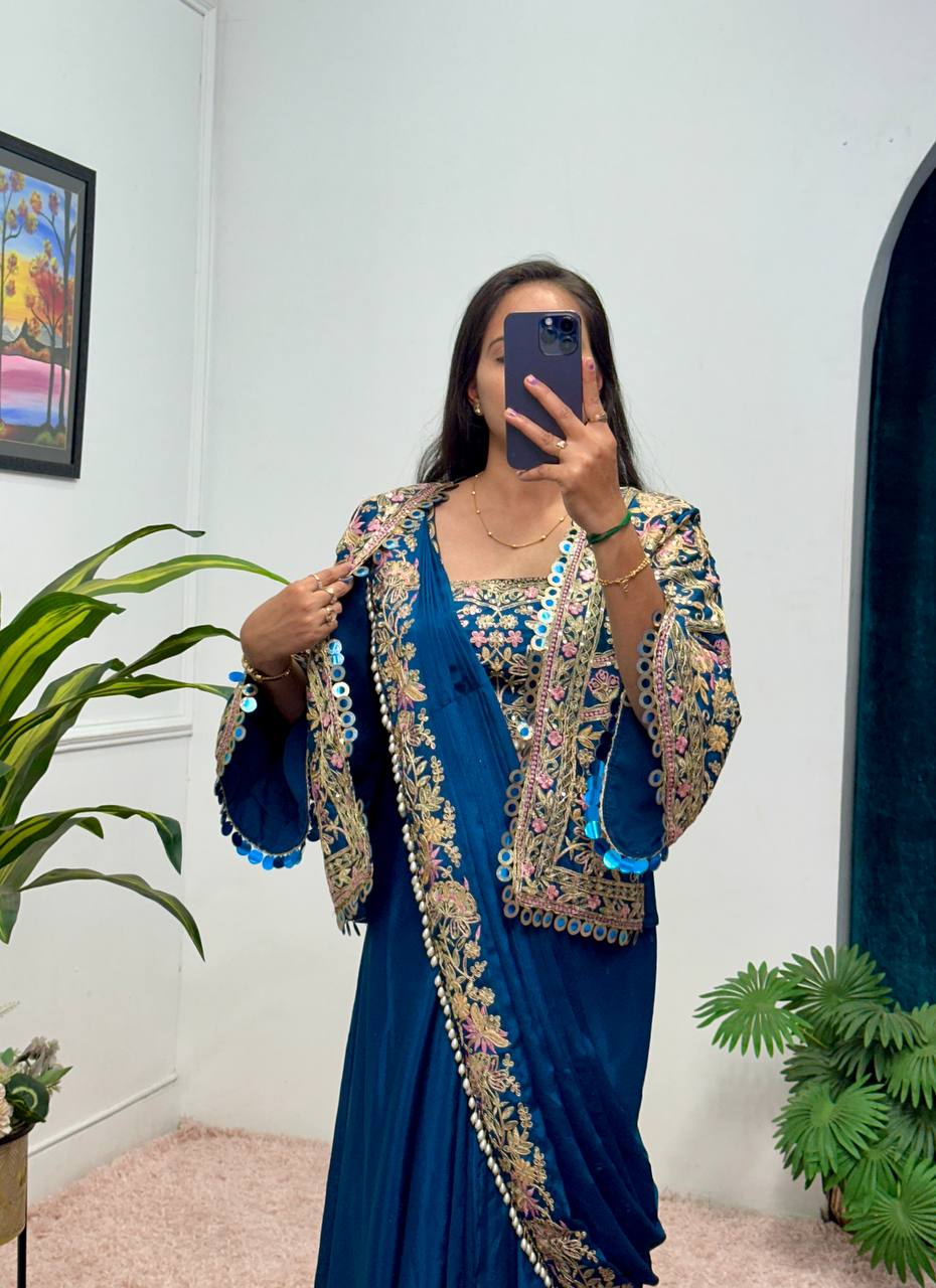 Chinon Ready-to-Wear Saree with Embroidered Lace Border, Embellished Blouse & Koti Set (Light Blue)
