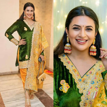 Embroidered Velvet Kurti Set with Printed Dupatta & Fancy Patiala