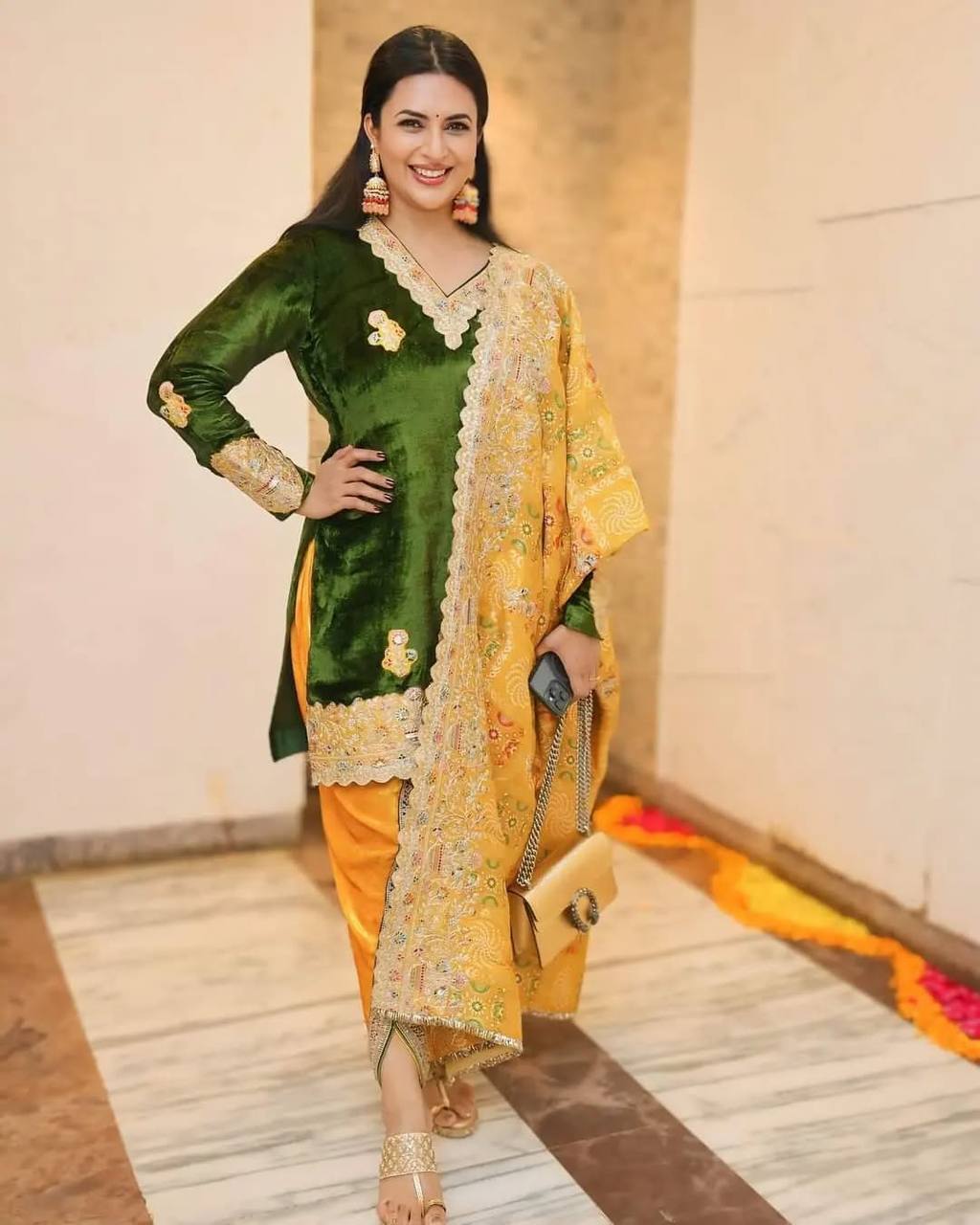 Embroidered Velvet Kurti Set with Printed Dupatta & Fancy Patiala