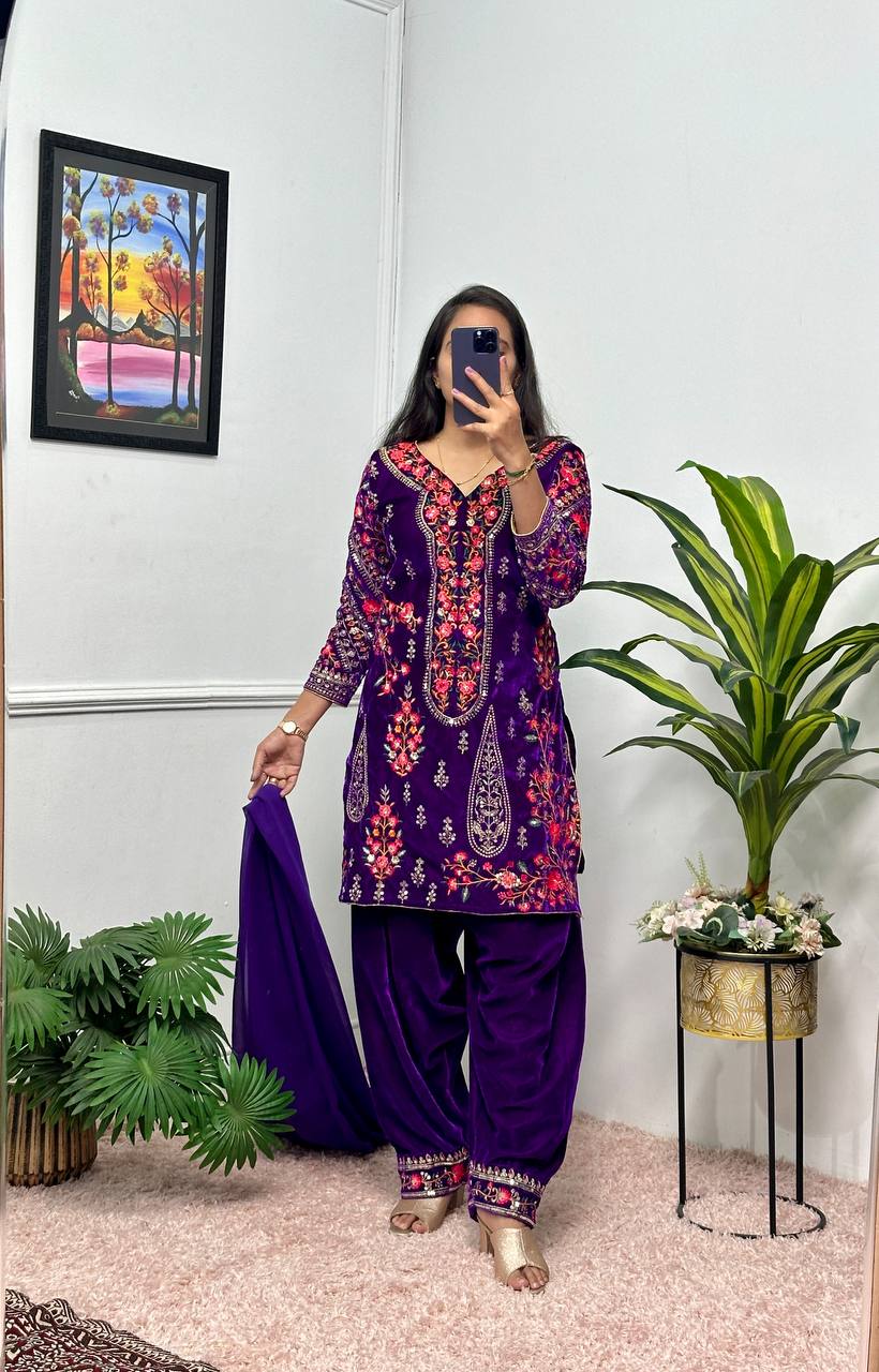 Embroidered Velvet Kurti Set with Georgette Dupatta and Fancy Patiala