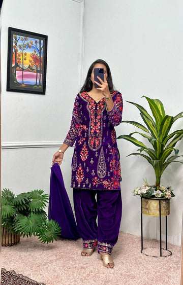 Embroidered Velvet Kurti Set with Georgette Dupatta and Fancy Patiala