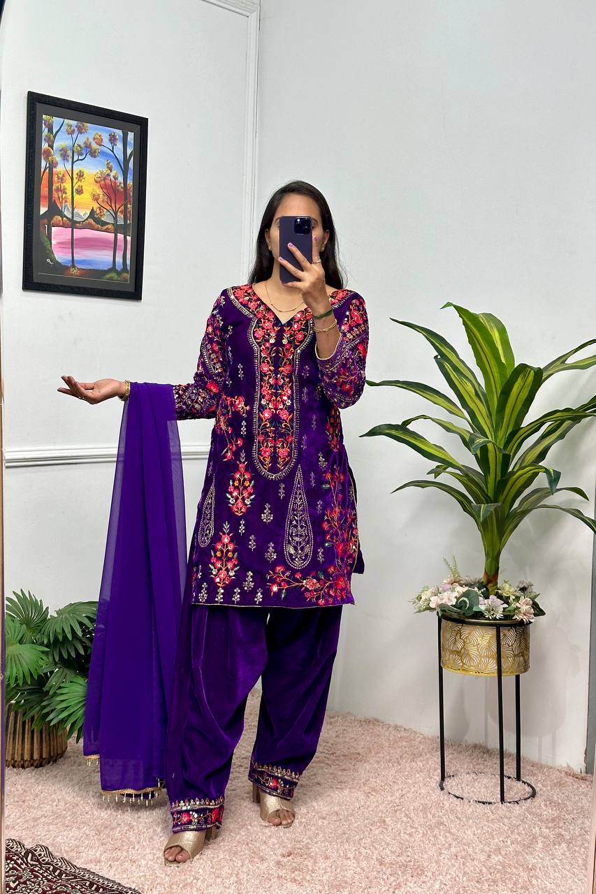 Embroidered Velvet Kurti Set with Georgette Dupatta and Fancy Patiala