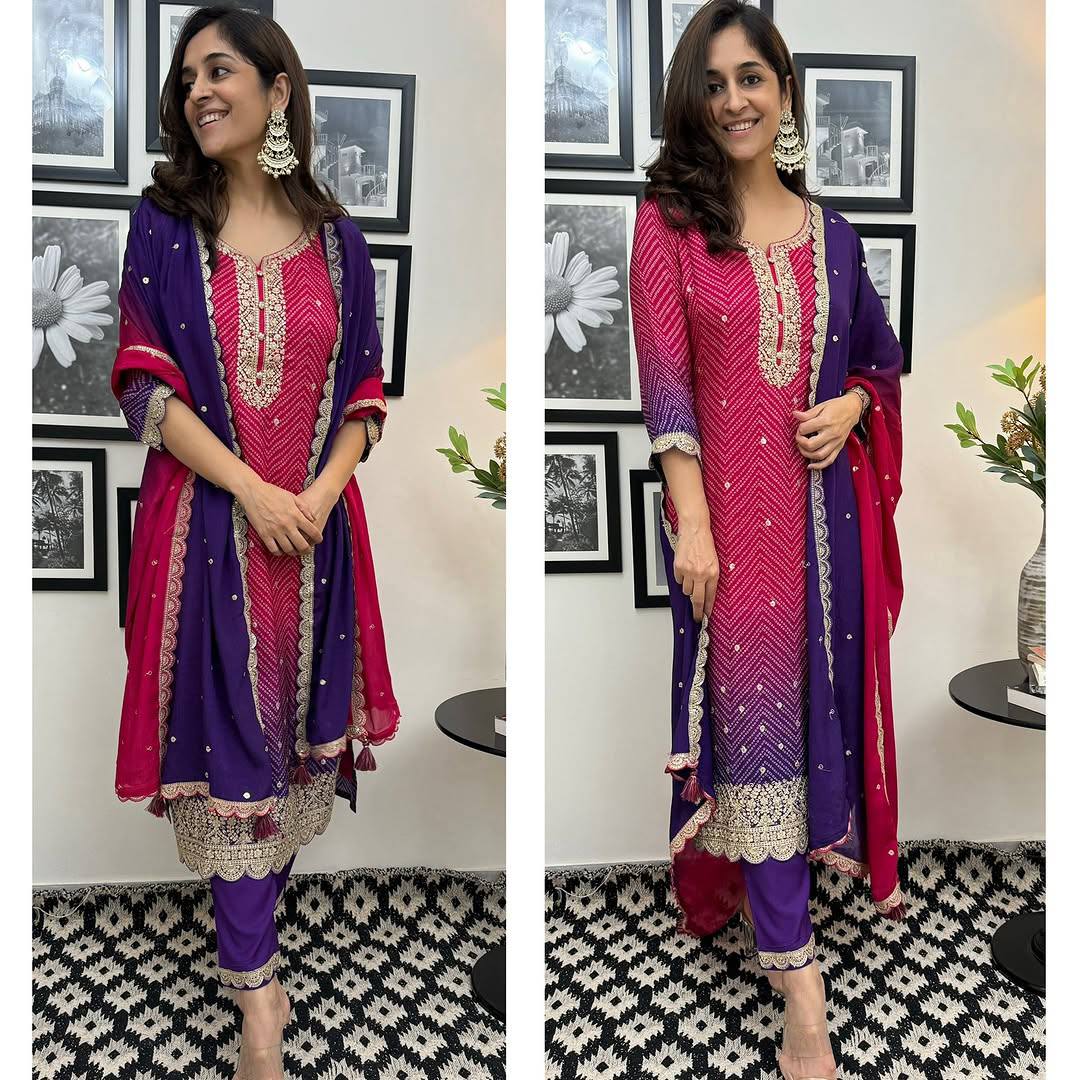 Embroidered Printed Chinon Kurti with Dupatta & Micro Cotton Pant Set (Pink)