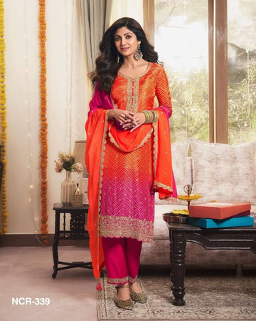 Embroidered Printed Chinon Kurti with Dupatta & Micro Cotton Pant Set (Orange)