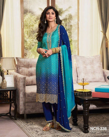 Embroidered Printed Chinon Kurti with Dupatta & Micro Cotton Pant Set (Sky Blue)