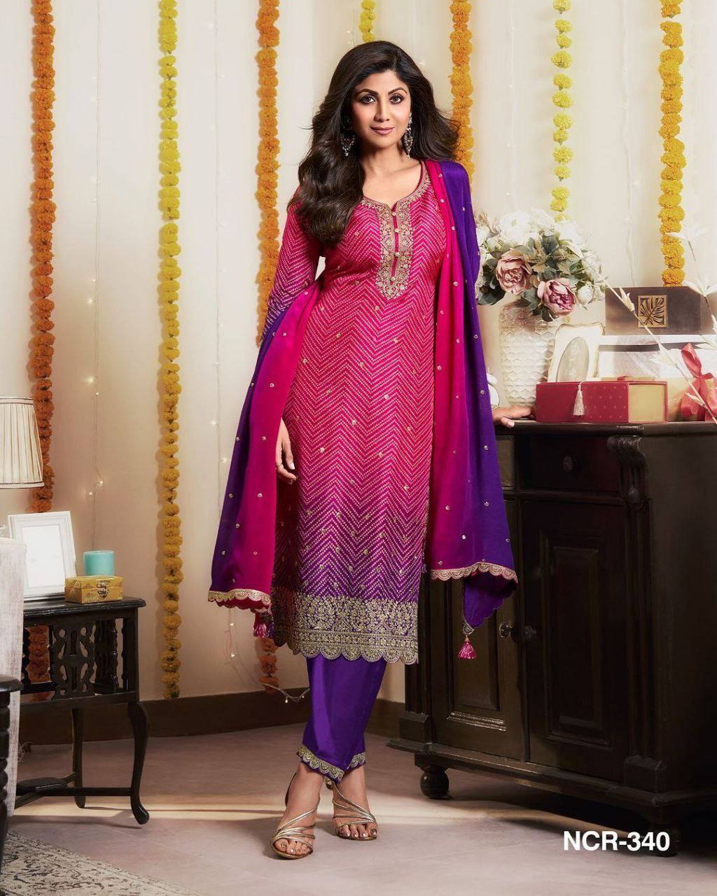 Embroidered Printed Chinon Kurti with Dupatta & Micro Cotton Pant Set (Pink)