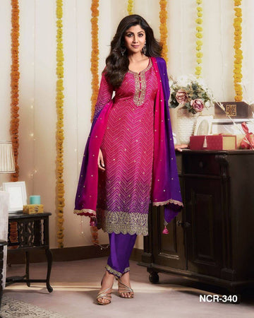 Embroidered Printed Chinon Kurti with Dupatta & Micro Cotton Pant Set (Pink)