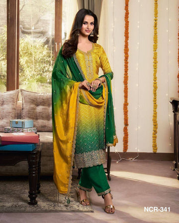 Embroidered Printed Chinon Kurti with Dupatta & Micro Cotton Pant Set (Yellow)