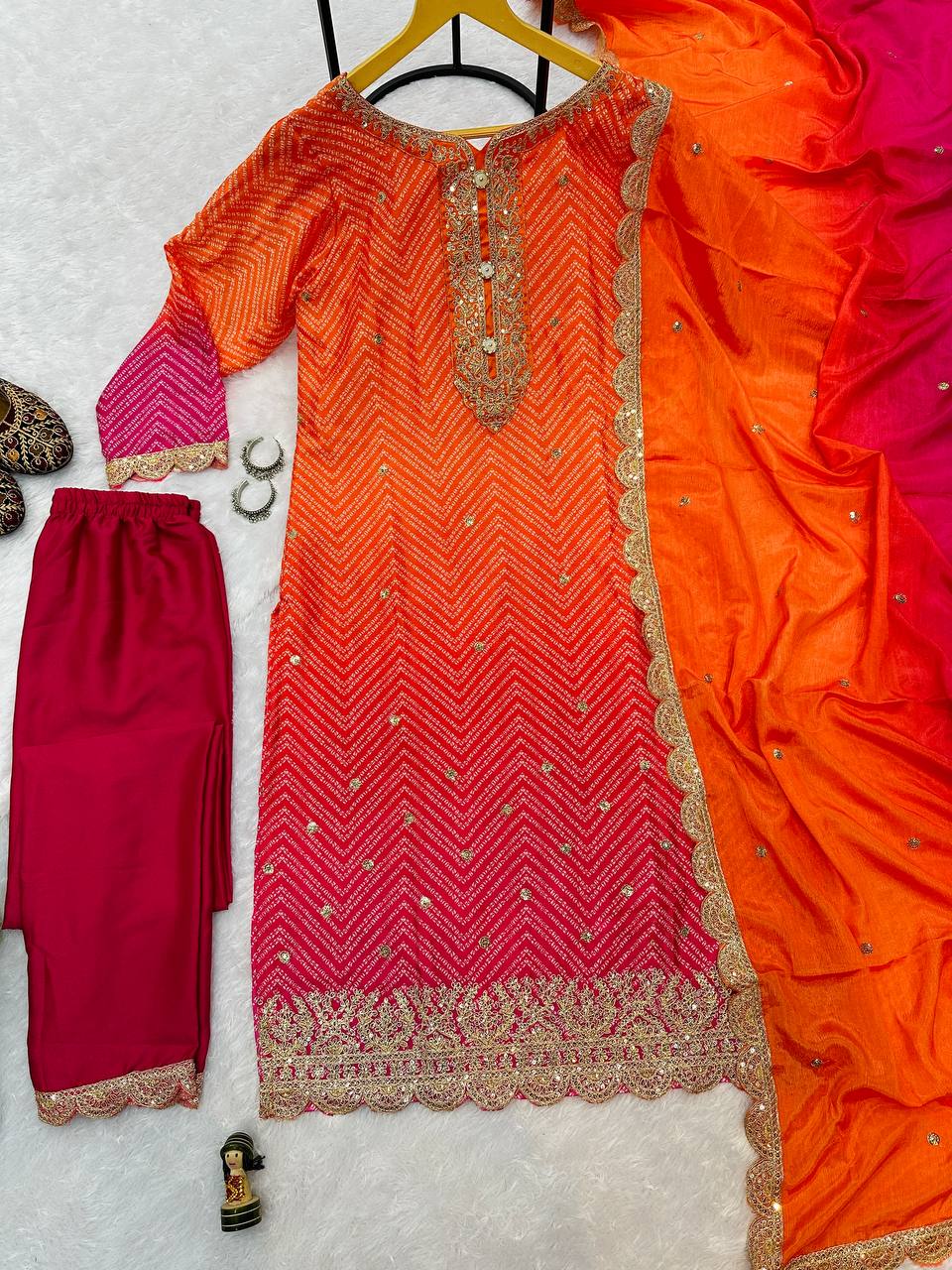 Embroidered Printed Chinon Kurti with Dupatta & Micro Cotton Pant Set (Orange)