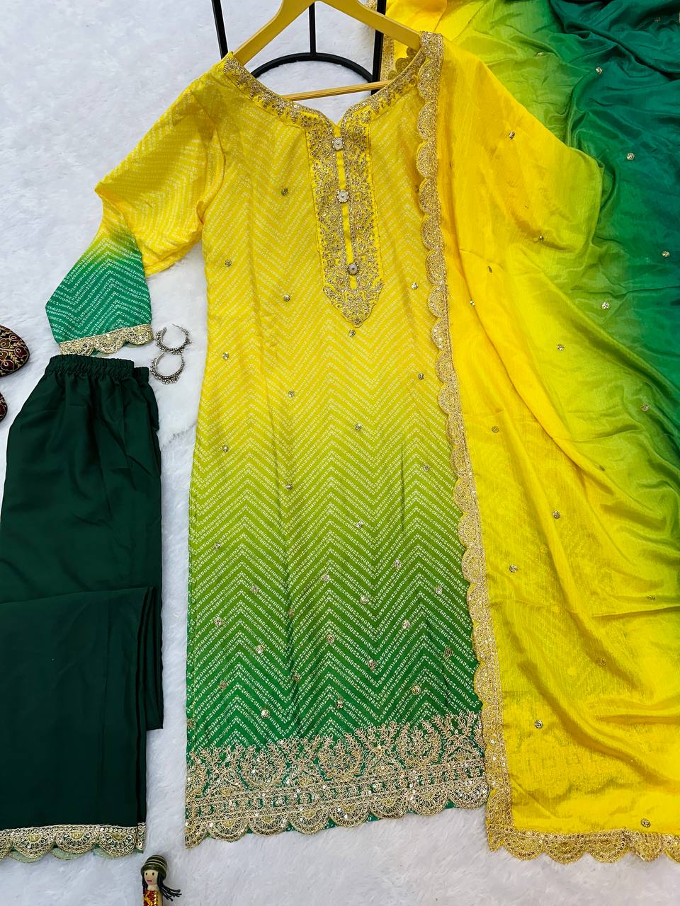 Embroidered Printed Chinon Kurti with Dupatta & Micro Cotton Pant Set (Yellow)