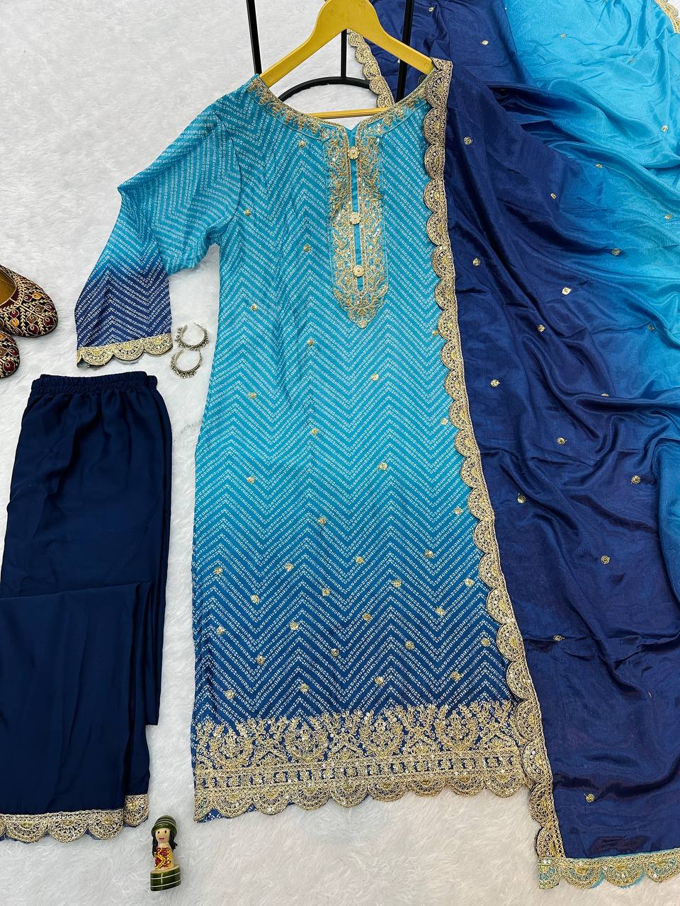 Embroidered Printed Chinon Kurti with Dupatta & Micro Cotton Pant Set (Sky Blue)