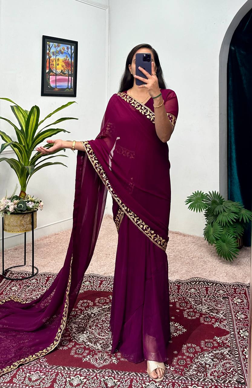 Elegant Faux Georgette Gown with Embroidered Lace Dupatta & Pleated Flair (Marron)