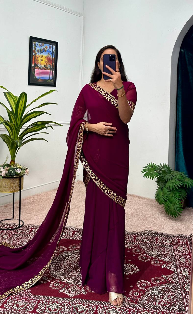 Elegant Faux Georgette Gown with Embroidered Lace Dupatta & Pleated Flair (Marron)