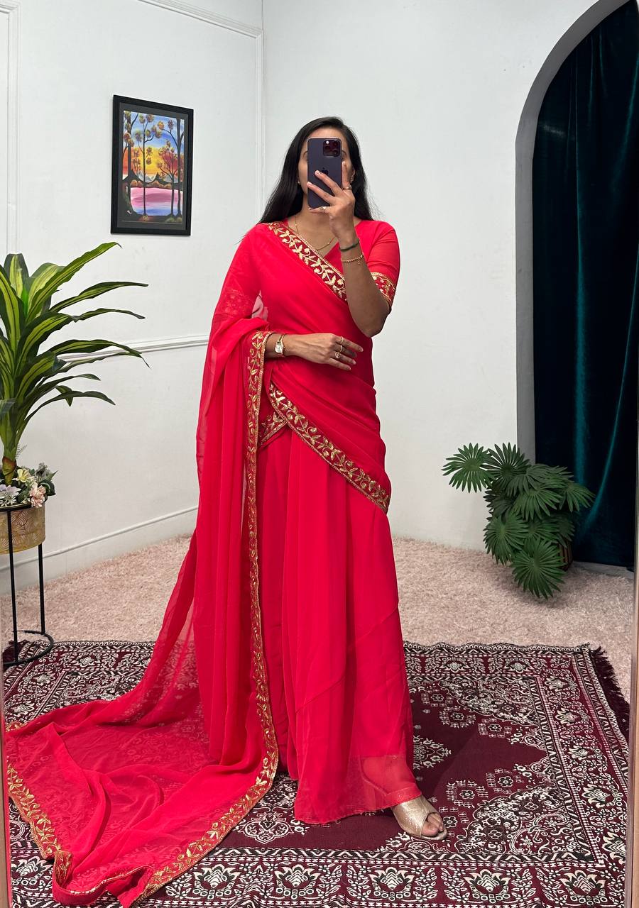 Elegant Faux Georgette Gown with Embroidered Lace Dupatta & Pleated Flair (Pink)