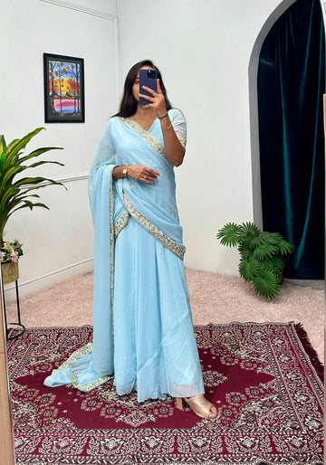 Elegant Faux Georgette Gown with Embroidered Lace Dupatta & Pleated Flair (Sky Blue)