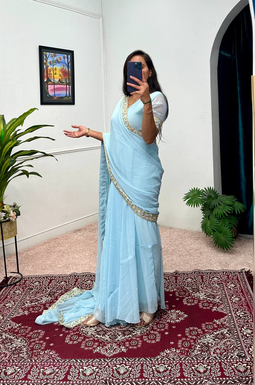 Elegant Faux Georgette Gown with Embroidered Lace Dupatta & Pleated Flair (Sky Blue)