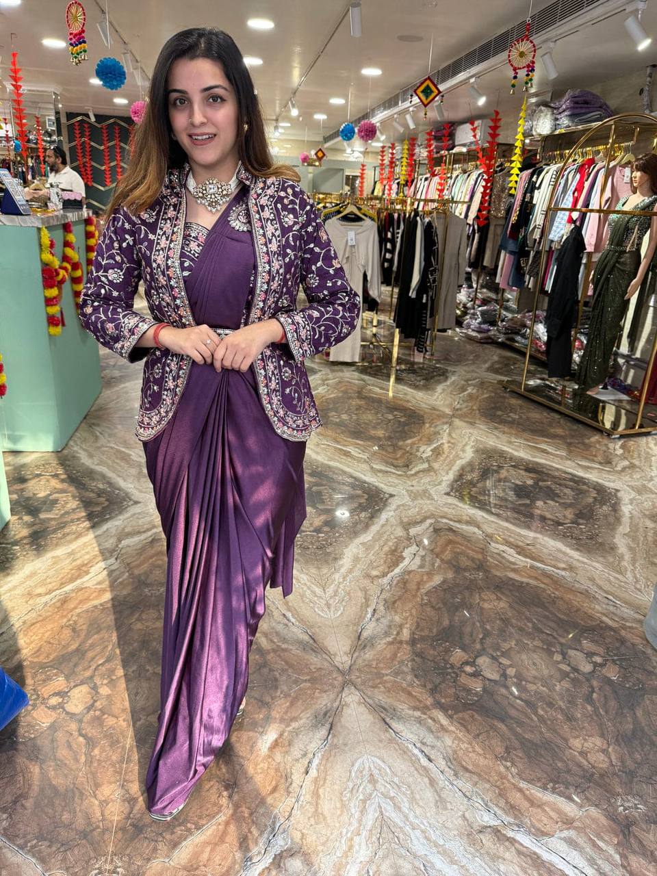 Embroidered Rangoli Silk Saree with Banglory Blouse & Koti - Ready-to-Wear with Waist Belt (Purple)