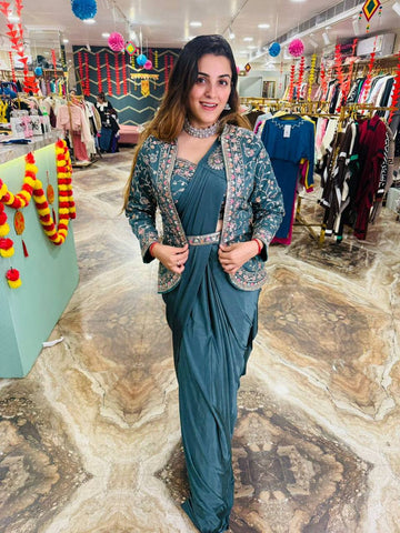 Embroidered Rangoli Silk Saree with Banglory Blouse & Koti - Ready-to-Wear with Waist Belt (Sky Blue)