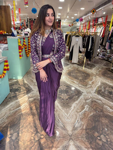 Embroidered Rangoli Silk Saree with Banglory Blouse & Koti - Ready-to-Wear with Waist Belt (Purple)
