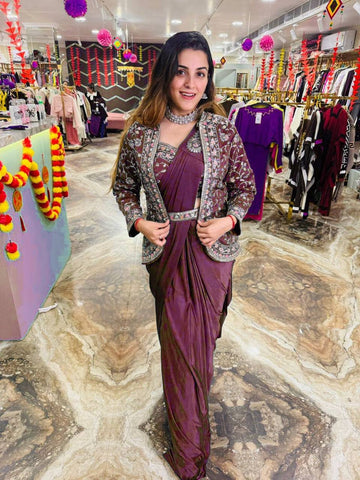 Embroidered Rangoli Silk Saree with Banglory Blouse & Koti - Ready-to-Wear with Waist Belt (Brown)