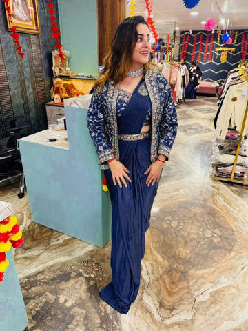 Embroidered Rangoli Silk Saree with Banglory Blouse & Koti - Ready-to-Wear with Waist Belt (Blue)
