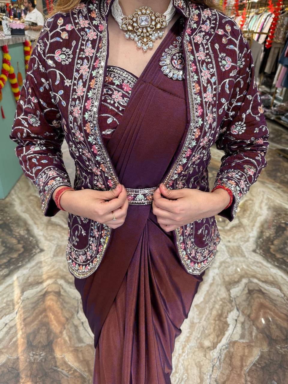 Embroidered Rangoli Silk Saree with Banglory Blouse & Koti - Ready-to-Wear with Waist Belt (Brown)
