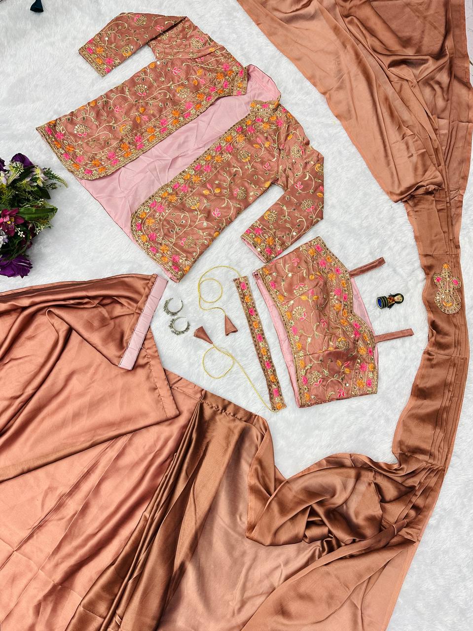 Embroidered Rangoli Silk Saree with Banglory Blouse & Koti - Ready-to-Wear with Waist Belt (Peach)