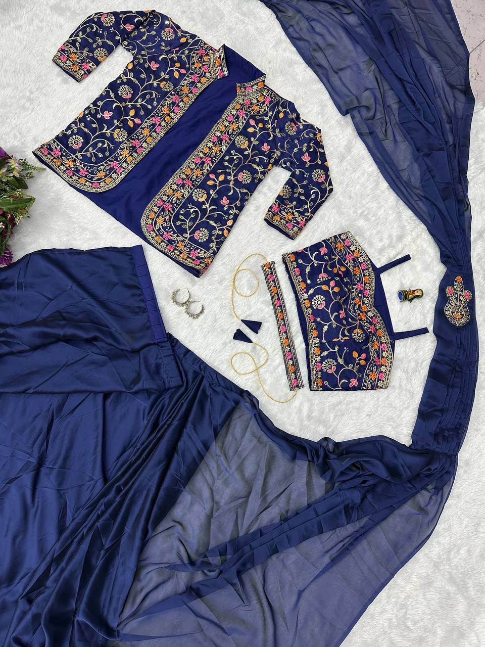 Embroidered Rangoli Silk Saree with Banglory Blouse & Koti - Ready-to-Wear with Waist Belt (Blue)