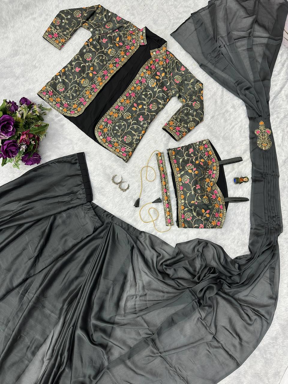 Embroidered Rangoli Silk Saree with Banglory Blouse & Koti - Ready-to-Wear with Waist Belt (Black)