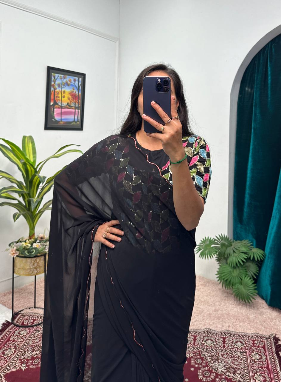 Elegant Faux Georgette Saree Gown with Cut-Work Border Dupatta (Black)