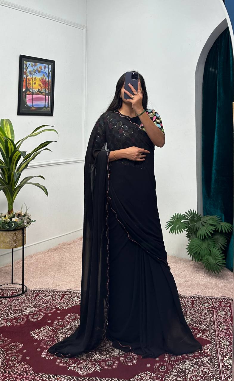 Elegant Faux Georgette Saree Gown with Cut-Work Border Dupatta (Black)