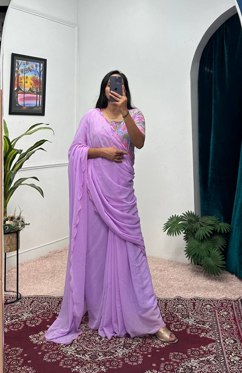 Elegant Faux Georgette Saree Gown with Cut-Work Border Dupatta (Purple)