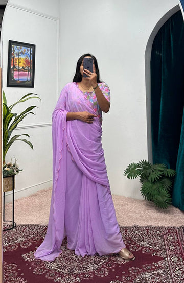 Elegant Faux Georgette Saree Gown with Cut-Work Border Dupatta (Purple)