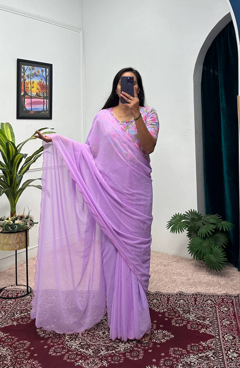 Elegant Faux Georgette Saree Gown with Cut-Work Border Dupatta (Purple)