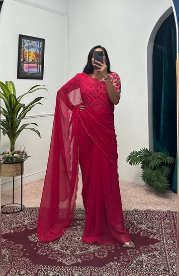 Elegant Faux Georgette Saree Gown with Cut-Work Border Dupatta (Red)