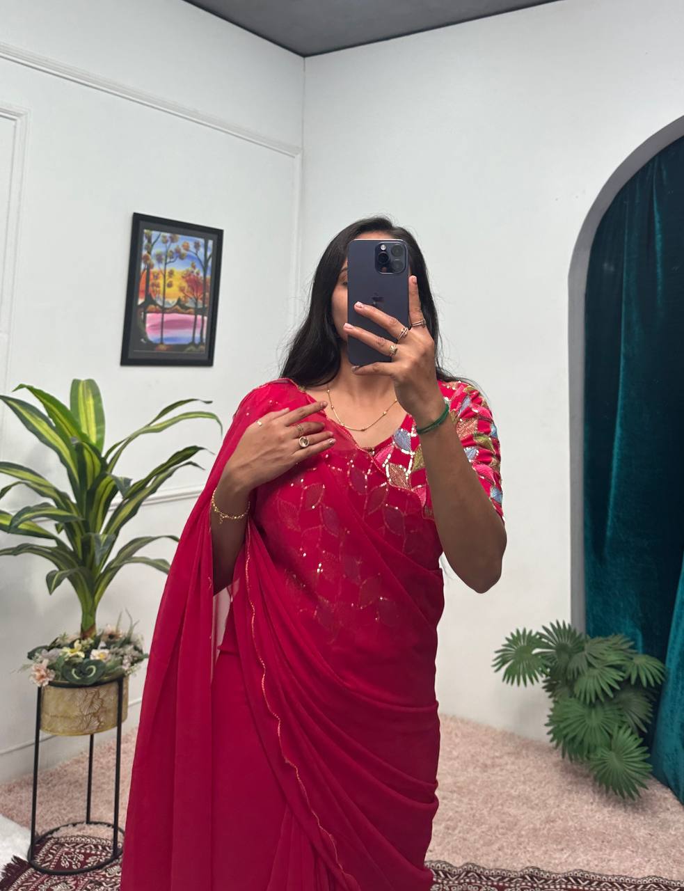 Elegant Faux Georgette Saree Gown with Cut-Work Border Dupatta (Red)