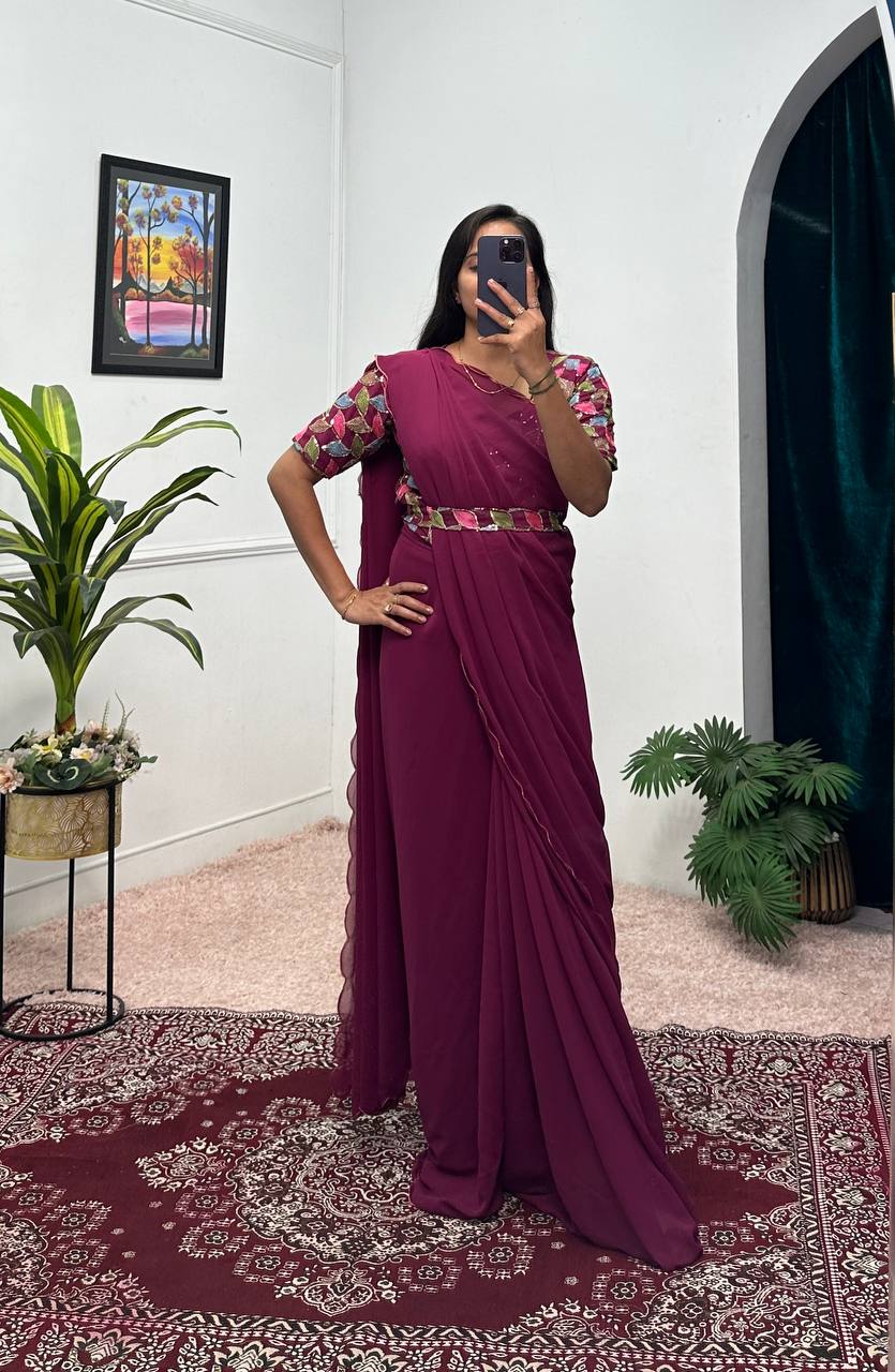 Elegant Faux Georgette Saree Gown with Cut-Work Border Dupatta (Maroon)