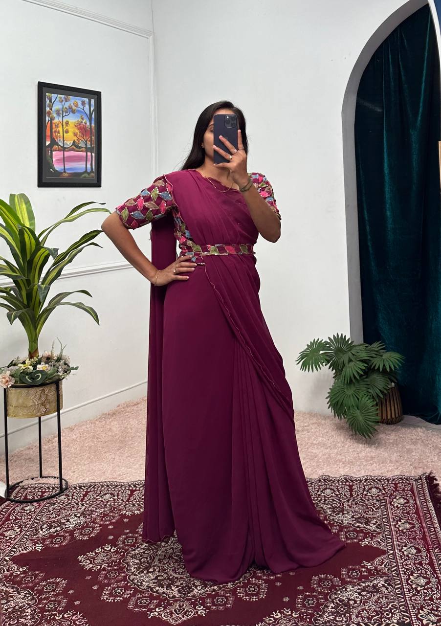 Elegant Faux Georgette Saree Gown with Cut-Work Border Dupatta (Maroon)