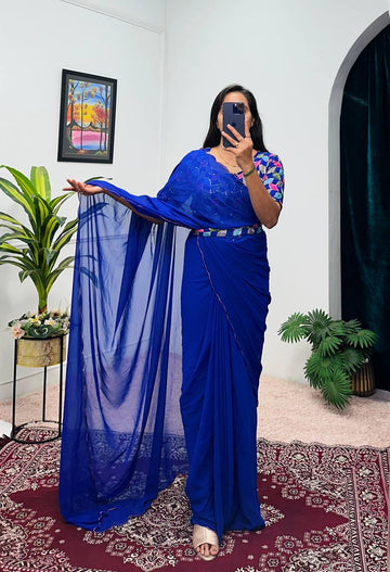 Elegant Faux Georgette Saree Gown with Cut-Work Border Dupatta (Blue)
