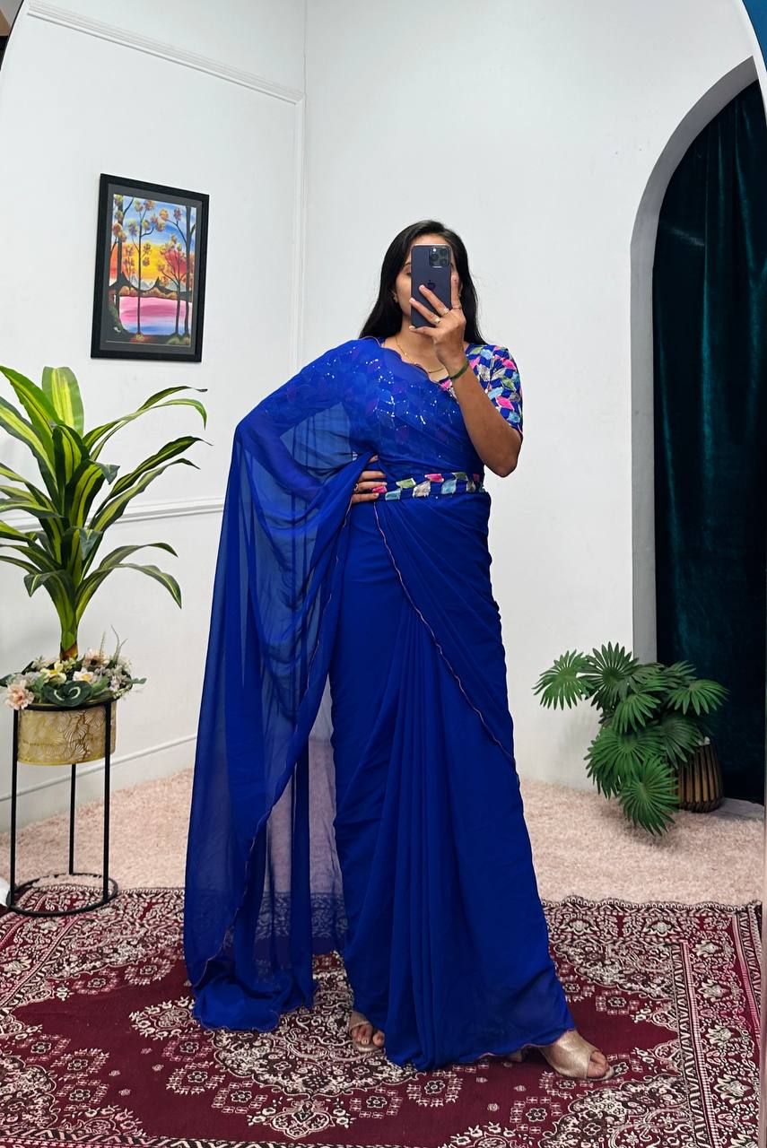 Elegant Faux Georgette Saree Gown with Cut-Work Border Dupatta (Blue)