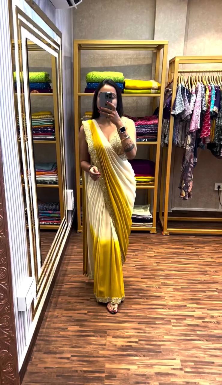 Stylish Drape Saree in Padding Chinon with Real Mirror and Lace Embroidery