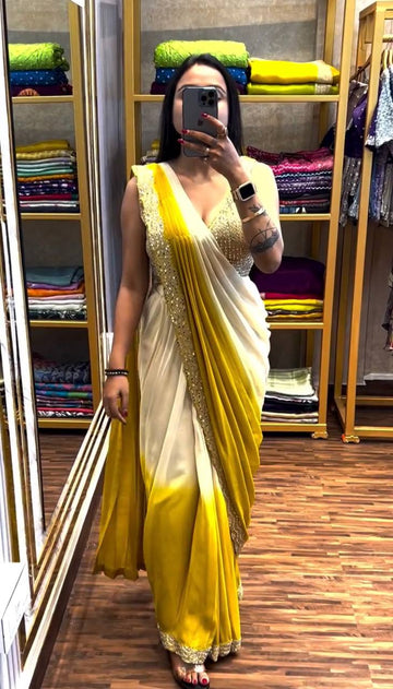 Stylish Drape Saree in Padding Chinon with Real Mirror and Lace Embroidery