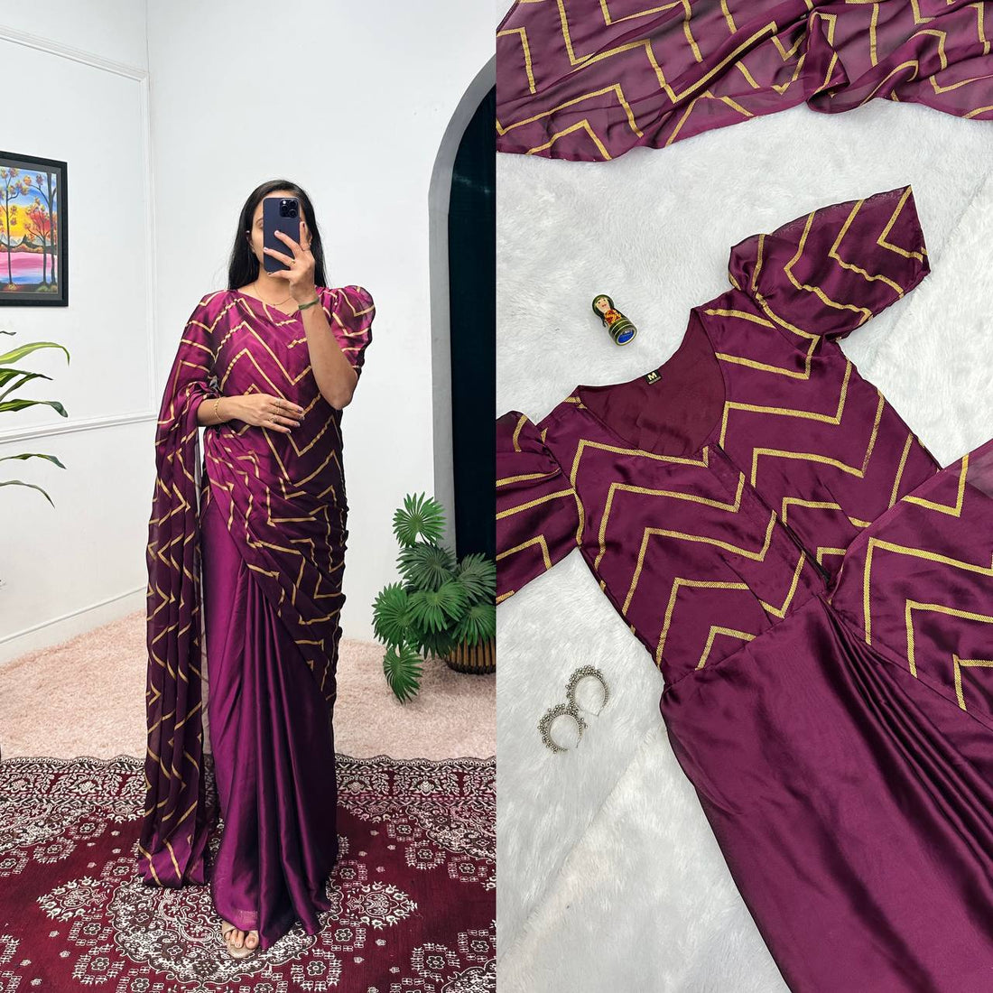 Rangoli Pleated Gown with Foil Printed Dupatta & Attached Pallu (Purple)