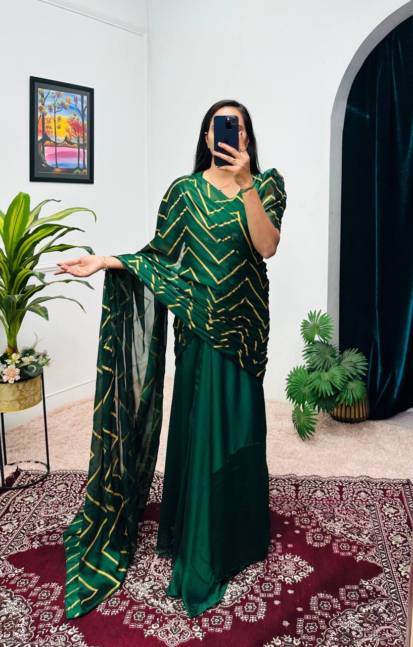 Rangoli Pleated Gown with Foil Printed Dupatta & Attached Pallu (Green)