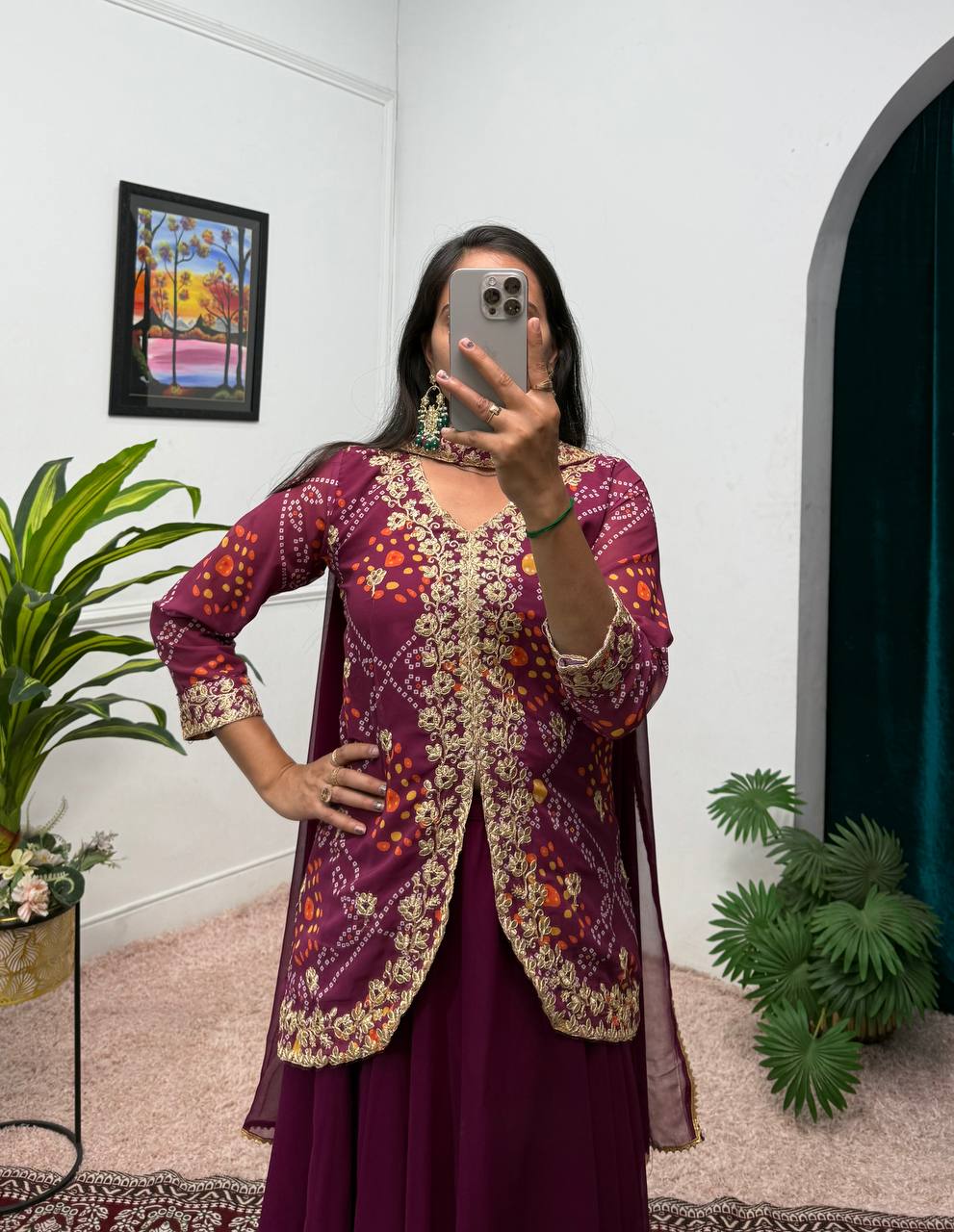 Embroidered Faux Georgette Koti with Lehenga and Dupatta Set (Purple)