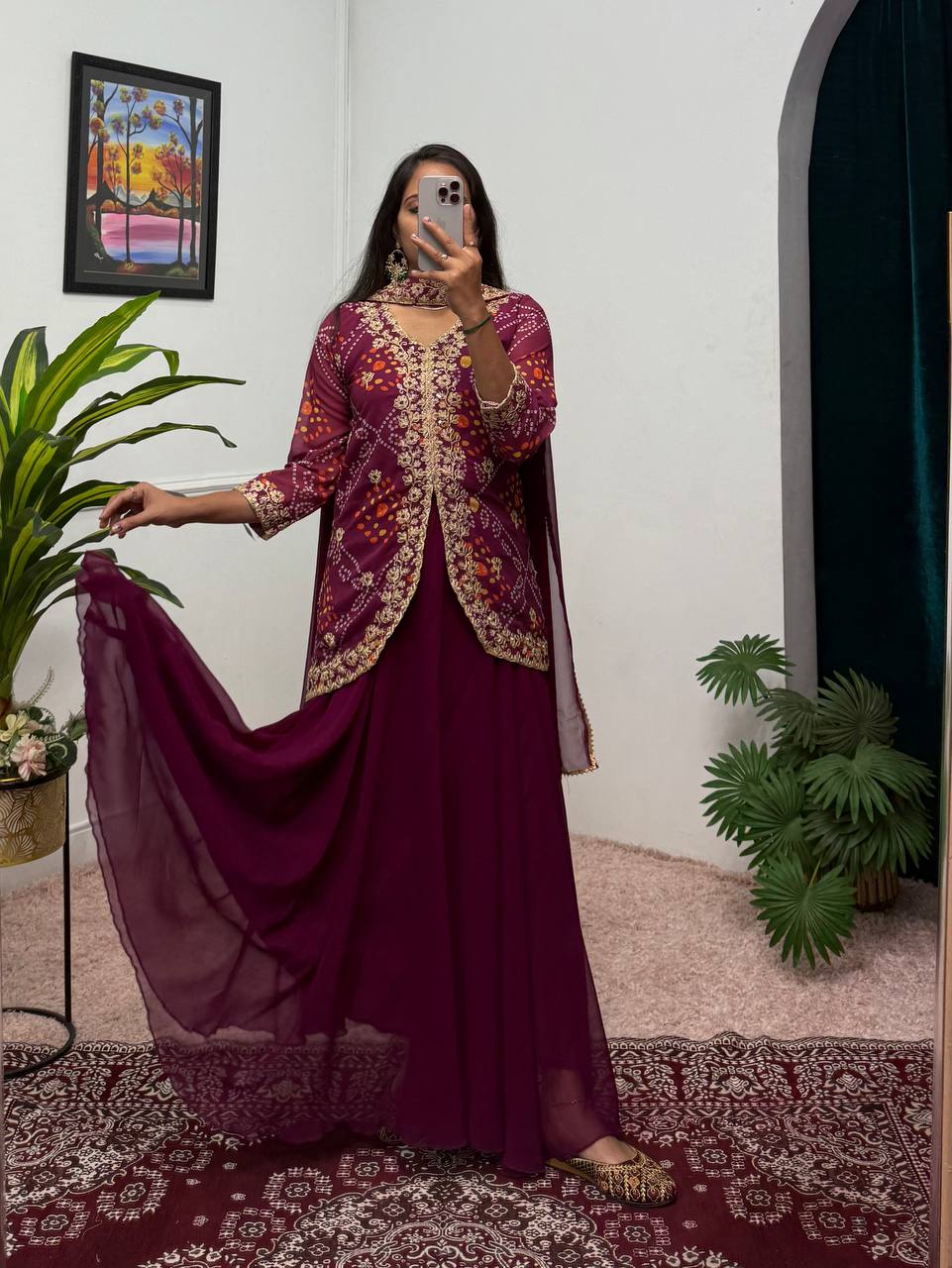Embroidered Faux Georgette Koti with Lehenga and Dupatta Set (Purple)