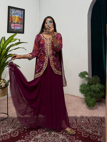 Embroidered Faux Georgette Koti with Lehenga and Dupatta Set (Purple)